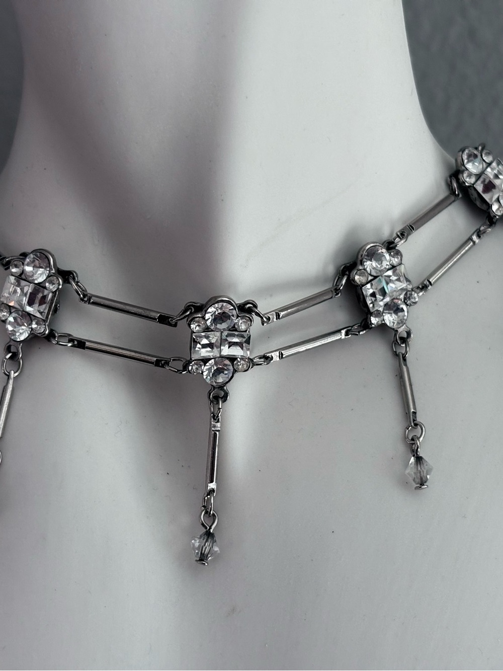 Vintage Rhinestone Statement Necklace Silver Tone Geometric Fringe